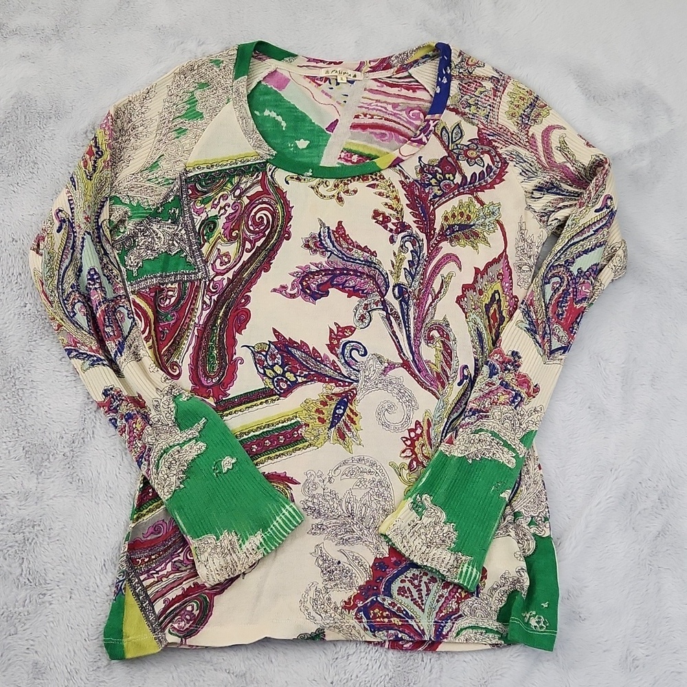 Pashma 50% Silk 50% Cashmere Paisley Knit Sweater Green Purple Size XL - Picture 4 of 10